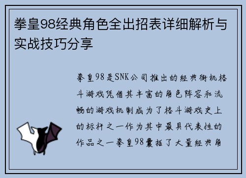 拳皇98经典角色全出招表详细解析与实战技巧分享